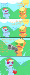 Size: 640x1600 | Tagged: safe, artist:zippazappzoom, derpibooru import, applejack, rainbow dash, earth pony, pegasus, pony, apple, comic, gun, puppet, thief, wat