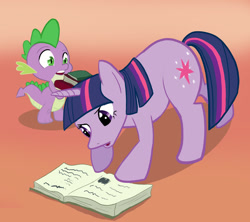 Size: 900x800 | Tagged: artist needed, safe, derpibooru import, spike, twilight sparkle, dragon, book, reading