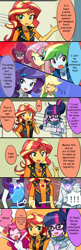 Size: 750x2310 | Tagged: safe, artist:ryuu, derpibooru import, applejack, fluttershy, pinkie pie, rainbow dash, rarity, sunset shimmer, twilight sparkle, better together, equestria girls, magical mystery cure, clothes, comic, geode of empathy, geode of shielding, geode of sugar bombs, geode of super speed, geode of super strength, glasses, hairpin, jacket, jewelry, lab coat, leather jacket, magical geodes, mane six, necklace, pinkamena diane pie, right to left