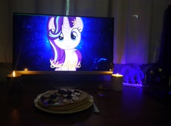 Size: 4208x3120 | Tagged: safe, starlight glimmer, pony, unicorn, alcohol, blueberries, candle, food, holiday, irl, pancakes, photo, solo, valentine, valentine's day, waifu dinner, whiskey