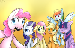 Size: 1024x657 | Tagged: safe, artist:rflzqt, derpibooru import, applejack, fluttershy, pinkie pie, rainbow dash, rarity, twilight sparkle, twilight sparkle (alicorn), alicorn, earth pony, pegasus, pony, unicorn, female, looking at you, mane six, mare