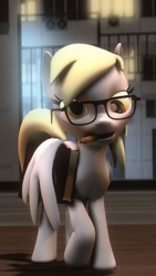 Size: 2160x3840 | Tagged: safe, artist:doritos-pope, derpy hooves, pegasus, pony, 3d, book, city, female, film grain, glasses, mare, pencil, solo, source filmmaker