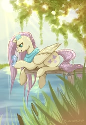 Size: 1100x1600 | Tagged: safe, artist:blueteardrop, fluttershy, butterfly, insect, pegasus, pony, animal, grass, solo, water