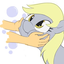 Size: 2000x2000 | Tagged: safe, artist:jayzonsketch, derpy hooves, human, pony, :t, cute, derpabetes, disembodied hand, female, hand, mare, simple background, smiling, solo focus, squishy cheeks, white background