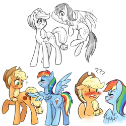 Size: 1000x1000 | Tagged: safe, artist:jitterbugjive, derpibooru import, applejack, rainbow dash, earth pony, pegasus, pony, appledash, blushing, butt touch, feathermarking, female, lesbian, never doubt tchernobog's involvement, shipping