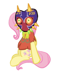 Size: 413x516 | Tagged: safe, artist:flaminbunny, fluttershy, pegasus, pony, clothes, crossover, mask, nintendo, simple background, sitting, skull kid, solo, the legend of zelda, the legend of zelda: majora's mask