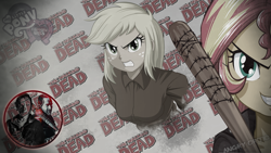 Size: 2560x1440 | Tagged: safe, artist:ngrycritic, applejack, sunset shimmer, equestria girls, angry, barbed wire, baseball bat, clothes, cosplay, costume, crossover, grin, gritted teeth, negan, negan shimmer, rick grimes, smiling, smirk, the walking dead