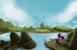 Size: 2900x1900 | Tagged: safe, artist:hierozaki, derpibooru import, twilight sparkle, canterlot, scenery, solo, water, windswept mane