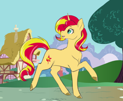 Size: 1024x840 | Tagged: safe, artist:uniquecolorchaos, sunset shimmer, pony, cute, happy, ponyville, realistic, smiling, solo, walking