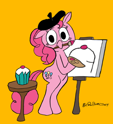 Size: 800x879 | Tagged: safe, artist:bickcomixx, pinkie pie, pony, beret, bipedal, easel, mouth hold, paintbrush, painting, solo