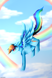 Size: 1000x1500 | Tagged: safe, artist:purediamond360, derpibooru import, rainbow dash, pegasus, pony, cloud, female, mare, rainbow, solo, wings