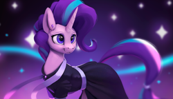 Size: 1200x693 | Tagged: safe, artist:rodrigues404, starlight glimmer, pony, unicorn, clothes, dress, ear piercing, female, gala dress, horn, jewel, mare, piercing, smiling, solo, tail bracelet