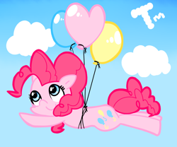 Size: 1000x830 | Tagged: safe, artist:tama real, pinkie pie, earth pony, pony, balloon, flying, pixiv, solo, then watch her balloons lift her up to the sky