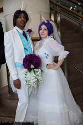 Size: 1365x2048 | Tagged: safe, artist:d0nkarnage, artist:tavish-degroot, elusive, rarity, human, 2013, bouquet, clothes, convention, cosplay, dress, irl, irl human, megacon, necktie, photo, rule 63, suit, vest