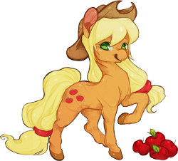 Size: 979x884 | Tagged: safe, artist:severedribs, applejack, earth pony, pony, apple, obligatory apple, raised hoof, simple background, solo