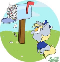 Size: 800x828 | Tagged: safe, artist:raphaelsgirl, derpy hooves, pegasus, pony, clothes, female, letter, mailbox, mailmare, mare, sitting, smiling, solo, uniform