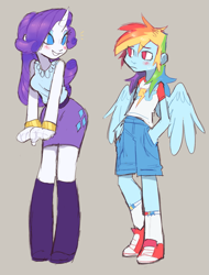 Size: 1155x1518 | Tagged: safe, artist:xenon, color edit, derpibooru import, edit, rainbow dash, rarity, human, equestria girls, blushing, clothes, colored, converse, cute, female, horned humanization, humanized, lesbian, looking at each other, raribetes, raridash, shipping, shoes, simple background, smiling, winged humanization, wings