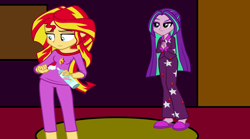Size: 1500x833 | Tagged: safe, artist:aliciathefox231, artist:ktd1993, artist:zuko42, aria blaze, sunset shimmer, equestria girls, alternate hairstyle, can, clasped hands, clothes, female, food, lesbian, loose hair, pajamas, shipping, slippers, sunblaze, whipped cream