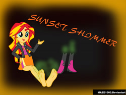 Size: 2000x1500 | Tagged: safe, artist:maze1000, sunset shimmer, equestria girls, boots, clothes, feet, high heel boots, jacket, leather jacket, skirt, smelly, solo, stinky feet, visible stench