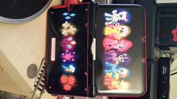 Size: 4128x2322 | Tagged: safe, derpibooru import, applejack, fluttershy, pinkie pie, rainbow dash, rarity, twilight sparkle, earth pony, pegasus, pony, unicorn, 3ds xl, cover, decals, mane six, nintendo