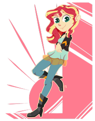 Size: 1024x1303 | Tagged: safe, artist:pandapopplay, sunset shimmer, equestria girls, boots, breasts, clothes, crossed arms, female, high heel boots, jacket, leather jacket, leggings, looking at you, raised leg, smiling, solo