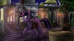 Size: 1920x1080 | Tagged: safe, artist:anttosik, derpibooru import, spike, twilight sparkle, dragon, canterlot, night, saddle bag