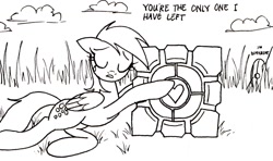 Size: 1484x879 | Tagged: safe, artist:ricedawg, derpy hooves, pegasus, pony, black and white, companion cube, crossover, female, grayscale, mare, monochrome, portal (valve), turret