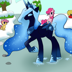 Size: 2000x2000 | Tagged: safe, artist:wolfykat, pinkie pie, scootaloo, oc, alicorn, pony, alicorn oc, ice, snow