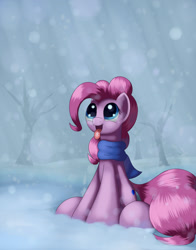 Size: 1650x2100 | Tagged: safe, artist:grennadder, pinkie pie, earth pony, pony, clothes, scarf, snow, snowfall, solo, tongue out, tree