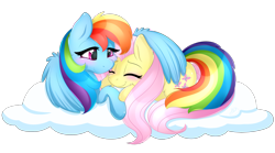 Size: 3483x1932 | Tagged: safe, artist:black-cat-kira, derpibooru import, fluttershy, rainbow dash, pegasus, pony, blushing, cloud, cute, daaaaaaaaaaaw, dashabetes, female, flutterdash, hug, lesbian, shipping, shyabetes, simple background, transparent background, wallpaper, winghug