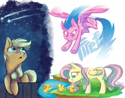 Size: 2634x2059 | Tagged: safe, artist:graystripe64, applejack, firefly, fluttershy, duck, earth pony, pegasus, pony, g1, g1 to g4, generation leap, shooting star