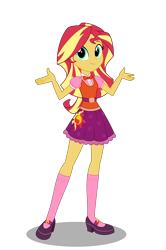 Size: 2300x3455 | Tagged: safe, artist:broncat, sunset shimmer, equestria girls, bowtie, clothes, cute, female, looking at you, mary janes, new outfit, shoes, simple background, skirt, smiling, socks, solo, sun, transparent background