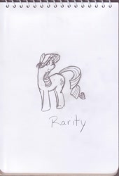 Size: 737x1085 | Tagged: safe, artist:eggrole7, rarity, pony, unicorn, looking back, monochrome, solo, traditional art