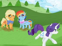 Size: 1024x768 | Tagged: safe, artist:poowndraww, derpibooru import, applejack, rainbow dash, rarity, earth pony, pegasus, pony, unicorn, clothes, dress, female, mud, tree, trio