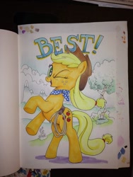 Size: 768x1024 | Tagged: safe, artist:andypriceart, applejack, earth pony, pony, bandana, best pony, rearing, rope, solo, traditional art, wink