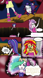 Size: 2642x4745 | Tagged: safe, artist:deannaphantom13, princess celestia, rarity, sunset shimmer, sweetie belle, pony, comic:equestrian city, equestria girls, rainbow rocks, absurd resolution, boots, clothes, comic, dialogue, disappointed, equestrian city, falling, female, mare, ponied up, shoes