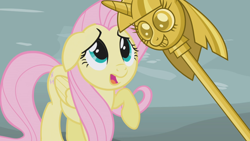 Size: 1280x720 | Tagged: safe, fluttershy, pegasus, pony, princess twilight sparkle (episode), season 4, meme, scared, twilight scepter