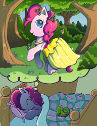 Size: 800x1041 | Tagged: safe, artist:butterscotch25, gummy, pinkie pie, earth pony, pony, bed, clothes, dream, dress, sleeping