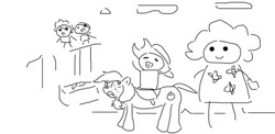 Size: 432x211 | Tagged: safe, artist:protoss722, applejack, human, crappy art, isaac, monochrome, riding, the binding of isaac