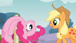 Size: 854x480 | Tagged: safe, screencap, applejack, pinkie pie, earth pony, pony, too many pinkie pies, youtube caption