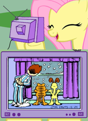 Size: 563x771 | Tagged: safe, fluttershy, pegasus, pony, exploitable meme, garfield, jon arbuckle, meme, obligatory pony, odie, square root of minus garfield, tv meme