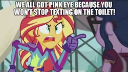 Size: 888x499 | Tagged: safe, edit, edited screencap, screencap, sci-twi, sunset shimmer, twilight sparkle, equestria girls, friendship games, angry, discovery family logo, exploitable meme, image macro, meme, rick and morty, sunset yells at twilight