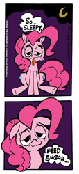 Size: 800x1748 | Tagged: safe, artist:bickcomixx, pinkie pie, earth pony, pony, comic, dialogue, female, mare, solo, speech bubble, tired, wavy mouth