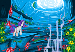 Size: 1000x696 | Tagged: safe, artist:mlpdarksparx, rarity, pony, unicorn, cave, flower, gem, legitimately amazing mspaint, ms paint, ruby, scenery, solo, waterfall