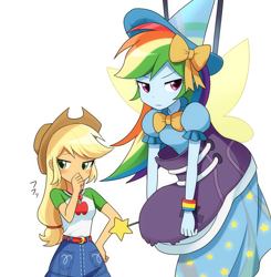 Size: 2000x2040 | Tagged: safe, artist:ryuu, derpibooru import, applejack, rainbow dash, better together, equestria girls, opening night, anime, appledash, belt, bow, clothes, cowboy hat, denim skirt, duo, fairy bootmother, female, hair bow, hat, hennin, lesbian, magic wand, majestic as fuck, rainbow dash always dresses in style, shipping, shirt, shoes, simple background, skirt, stetson, t-shirt, white background