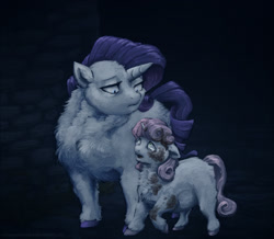 Size: 1012x882 | Tagged: safe, artist:meaninglessspine, rarity, sweetie belle, fluffy pony, pony, unicorn, crying, dirty