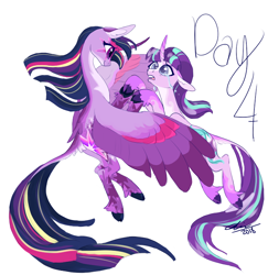 Size: 680x700 | Tagged: safe, artist:creeate97, starlight glimmer, twilight sparkle, twilight sparkle (alicorn), alicorn, classical unicorn, pony, unicorn, cloven hooves, crying, cutie mark, duo, female, flying, holding hooves, hoof hold, horn, leonine tail, mare, simple background, smiling, unshorn fetlocks, white background, wings