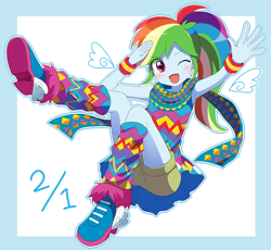Size: 2150x1975 | Tagged: safe, artist:ryuu, derpibooru import, rainbow dash, equestria girls, legend of everfree, anime, blushing, boots, camp fashion show outfit, clothes, cute, dashabetes, female, geometric, one eye closed, open mouth, ponytail, scarf, shoes, shorts, skirt, solo, sweet dreams fuel, tights, wings, wink, wristband