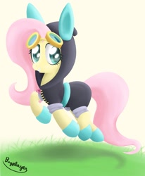 Size: 1400x1700 | Tagged: safe, artist:bugplayer, fluttershy, pegasus, pony, bunny ears, clothes, dangerous mission outfit, female, goggles, hoodie, mare, smiling, solo