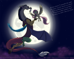 Size: 1400x1120 | Tagged: safe, artist:dantalianletrou, discord, fluttershy, draconequus, pegasus, pony, backlighting, beauty and the beast, dialogue, discoshy, female, flying, male, mare, moon, night, nightwish, shipping, sky, stars, straight, text